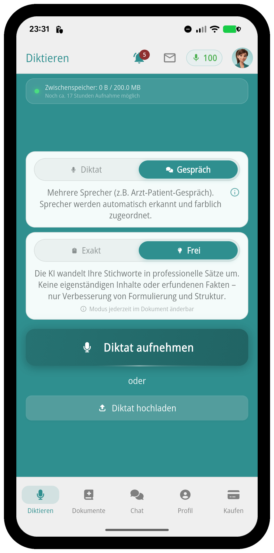 Auswahl zwischen Einzeldiktat und Gespräch