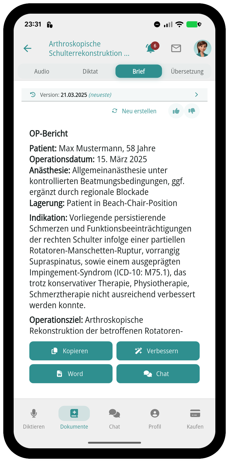 Fertiger OP-Bericht in der App